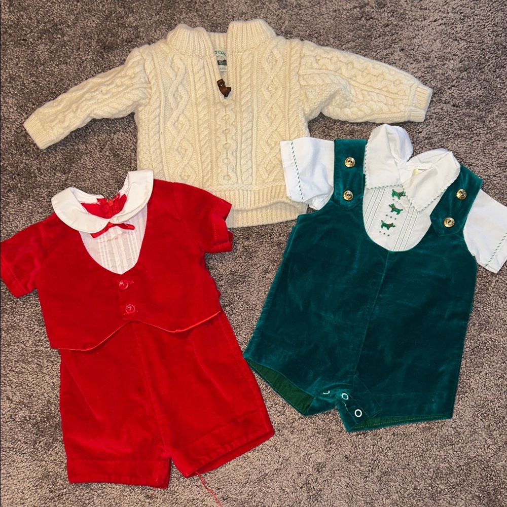 Vintage baby boy Togs Green & Red Velvet romper bundle &100% merino wool sweater